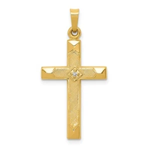 14K Yellow Gold Textured and Polished Diamond Cross Pendant - Picture 1 of 3