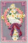 Easter Greetings, Floral Wreath, Flowers, Bow, Embossed Greetings Postcard