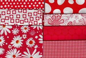Fabric, Fat Quarter Set of 7, Red & White, Flowers, Squares, Dots, Moda Kaufman - Picture 1 of 1