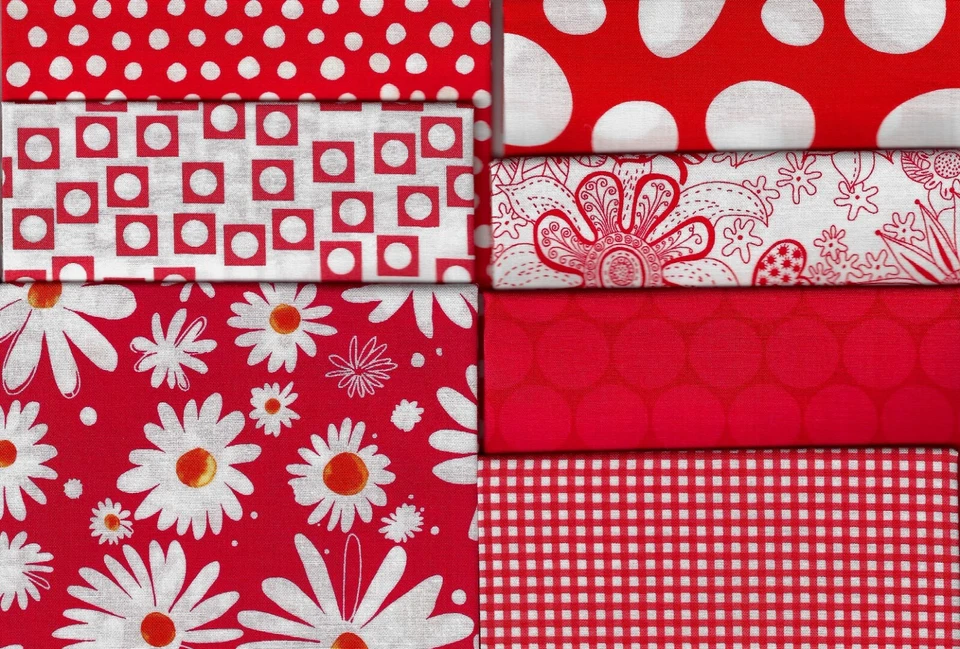 Fabric, Fat Quarter Set of 7, Red & White, Flowers, Squares, Dots, Moda Kaufman - Image 1 of 1