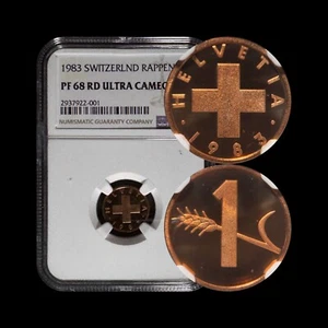 SWITZERLAND. 1983, 1 Rappen - NGC PF68 - Swiss Cross, Wheat Spike RARE - Picture 1 of 5