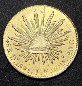 Preciosa moneda de plata dorada de 8 reales 1891 Durango JP México tapa y rayos BU $ - Imagen 1 de 13