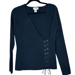 Carmen Marc Valvo Grommet top size L Faux Wrap Black Stretch Knit V Neck - Picture 1 of 6