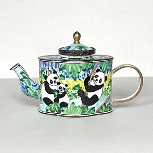 Kelvin Chen Miniatur Emaille Teekanne Panda Mama & Baby Bär Messing handbemalt Vintage - Bild 1 von 14