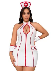 WDIRARA Women's Plus Size Nurse Costume Cosplay Zip Front Halter Lingerie Set... - Picture 1 of 5