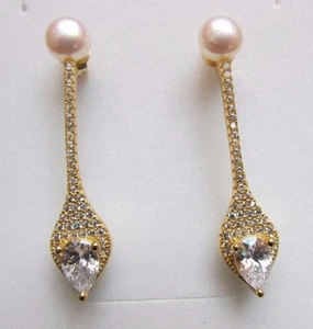 6mm Pink/Peach Natural Freshwater Pearl Gold Tone 925 Sterling Silver Earrings - Picture 1 of 3