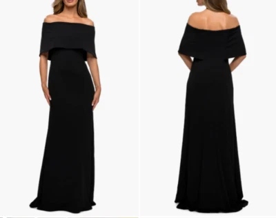 LA FEMME Black Off the Shoulder Popover Drape Stretch Jersey Maxi Gown Dress 8 M - Image 1 of 2
