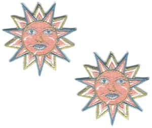 Astrology Sun with Face Patch Embroidered Cut out Iron On Sew on Lot of 2 - Picture 1 of 1