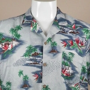 Hawaiian Mens Shirt XL Grass Shack Volcano Palm Trees Boat Aloha Friday - Picture 1 of 5