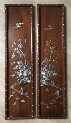 Belle Paire de Panneux en Bois Nacre incrustation Chine Art d'asie Tonkin - Photo 1/4