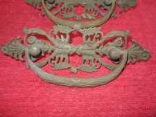 2 ANTIQUE VINTAGE ORNATE FANCY 6 1/8" WIDE BRASS DRAWER PULLS