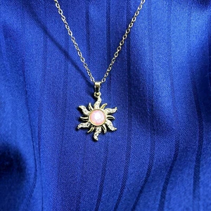 Gold Sun Pink Opalescence Pendant Necklace Pave Zirconia 18k Stainless Gift set - Picture 1 of 19