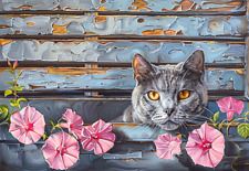 5D Diamond Painting Gray Cat Fence and Flowers Kit