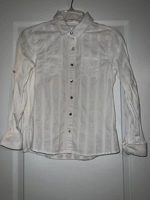 Justice Girls White Button Down Blouse With Thin Silver Lines Size 14 - Image 1 of 4