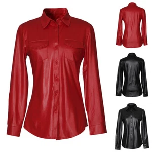 Lady PU Leather Jacket Blouse Long Sleeves Button Pocket Coat Lapel Shacket Tops - Picture 1 of 12