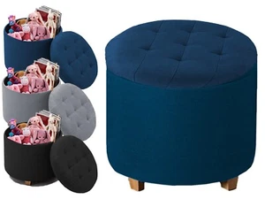 Round Linen Storage Ottoman with Lid Soft Padded Pouffe Footstool & Toy Storage - Picture 1 of 13
