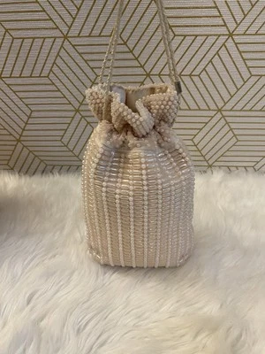 Vintage Golden Name Ivory / Creme Colored Beaded Formal Drawstring Purse / Bag - Image 1 of 4