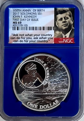 2017 Solomon Island John F. Kennedy Silver Dollar NGC MS 69-First day of Issue - Image 1 of 4