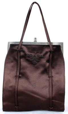 PRADA Vintage Chocolate Brown Satin Logo Silver Metal Frame Top Handle Bag - Image 1 of 4