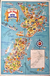 FUN MAP OF NEW ZEALAND CIRCA 1940 LARGE ORIGINAL TOURIST MAP EXCELLENT COND. - Picture 1 of 5