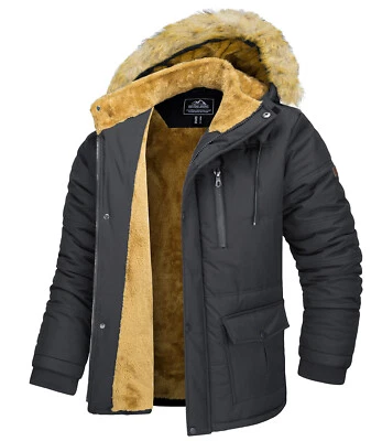 Mens Winter Jacket Hood Water Resistant Parka Jackets Thermal Sherpa Lined Coats - Image 1 of 4