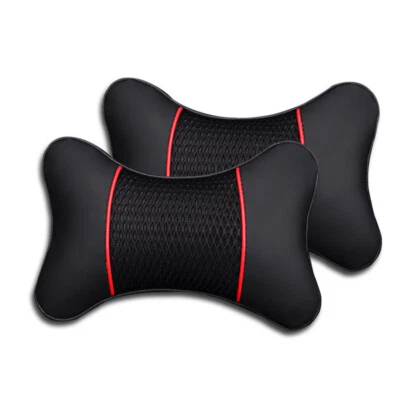 Pair Black PU Leather Knitted Car Pillows Headrest Neck Cushion Support Seat Kit - Image 1 of 4