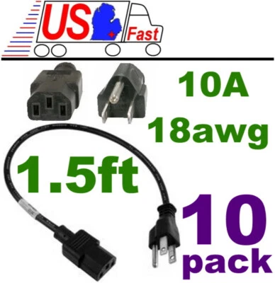 Lot10x 18"in/1.5ft Short Standard Power Cord/Cable/Wire PC/AC/Printer IEC320 C13 - Image 1 of 2