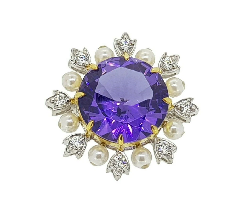 Flower Design Purple Round Cut White Stone Women's Shell Pearl Silver Brooch - Image 1 of 4