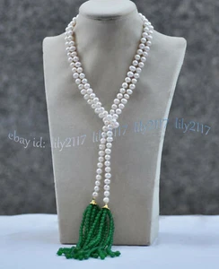 7-8mm Natural White Round Freshwater Pearl 4mm Green Jade Tassel Necklace 50" - Picture 1 of 3