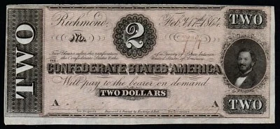 1864 $2 BEAUTIFUL UNCIRCULATED Confederate States of America Note! - Image 1 of 2