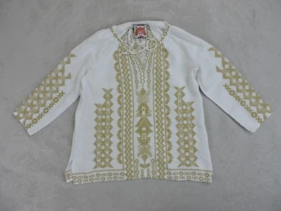 Cierre de corbata Johnny Was bordado para mujer S lino blanco dorado manga 3/4 cuello en V Foto 1 de 4