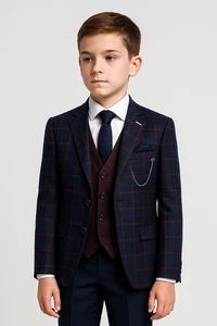 Boys Wedding Prom Tailored Windowpane Check Casual Formal Grey Navy Black Suits - Picture 1 of 24