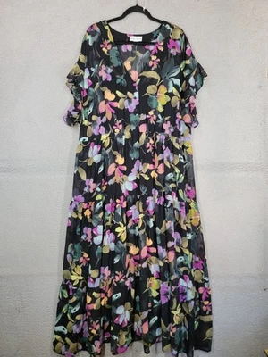 Vestido Ava Viv 3X Negro Floral Chifón Parte Inferior Frontal En Niveles Maxi Manga Acampanada  Foto 1 de 4