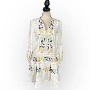 Tory Burch Mini Dress Women's XS White Blue Embroidered Boho Long Sleeve V-Neck - Picture 1 of 14