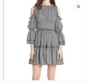 Maje Mujer Talla 1 EE. UU. Pequeño Negro Blanco Rayas Radise Niveles Mini Vestido  - Imagen 1 de 8