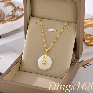 18K Yellow Gold Filled 20mm White Jade Donut Pendant 16/18" Cable Chain Necklace - Picture 1 of 4