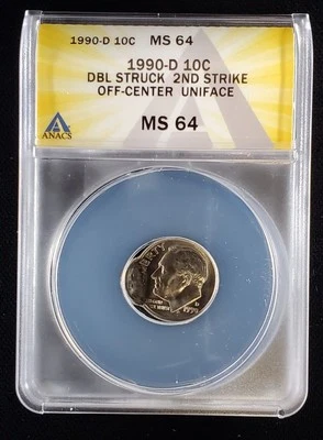 1990-D 10C Roosevelt Dime ANACS MS 64 | Error: Dbl Struck 2nd Off-Center Uniface - Image 1 of 4