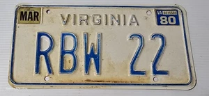 1980 Virginia vintage retired license plate RW-22 - Picture 1 of 7