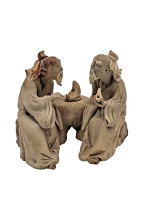 Chinese Mud Men (2) Conversing Holding Pipe Figurine Bonsai Ceramic Clay Antique - Picture 1 of 15