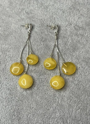 Pendientes colgantes ámbar báltico con plata de ley. Pendientes ámbar color amarillo Foto 1 de 4