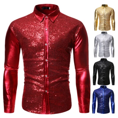 Men's Personalized Fashion Sequin Dance Shirt Slim Tops Lapel Long Sleeves New - Image 1 of 4