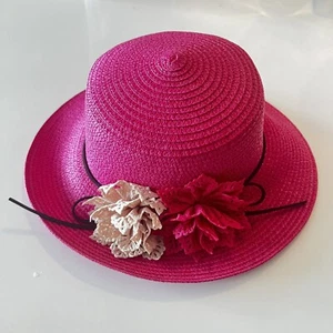 Fancy Dress Church Hat Bow Bucket Wedding Bowler Wide Brim Flower Pink Hat - Picture 1 of 5
