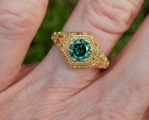 1 Ct Genuine Green Moissanite Women's Wedding Ring 14k Yellow Gold Plated Silver - Picture 1 of 11