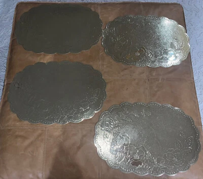 Vintage Retro Gold Vinyl Scalloped Floral Placemats 18 x 12” Set of 4 - Image 1 of 4
