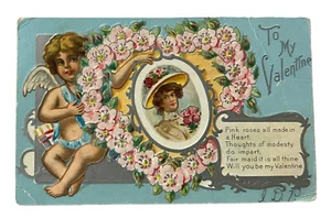 1909 Vintage Valentine Cupid Women Floral Heart Poem Embossed Postcard (V81) - Picture 1 of 6