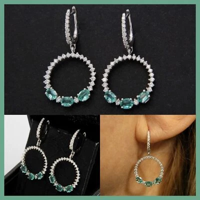 18k White GOLD Natural EMERALD and DIAMOND Dangle Hoop Huggie Italian Earrings - Image 1 of 4