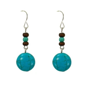 Turquoise stone earrings with round disk stone and small wood and turquoise bead - Picture 1 of 7