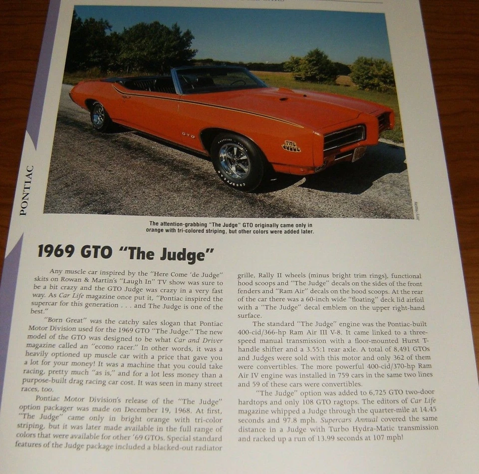 1969 PONTIAC GTO JUDGE SPECS INFO PHOTO 69 400 RAM AIR★★ - Image 1 of 1