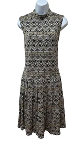 Vintage DL Barron London Black Gold Knit Dress Pleated Drop Waist High Neck 14 - Picture 1 of 13