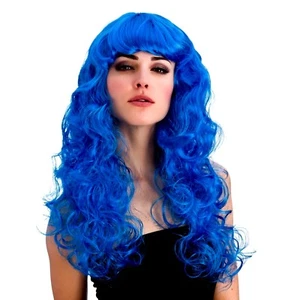 Adult LONG Foxy BLUE WIG Curly Wavy Fringe Fancy Dress Accessory Mermaid EW-8228 - Foto 1 di 1
